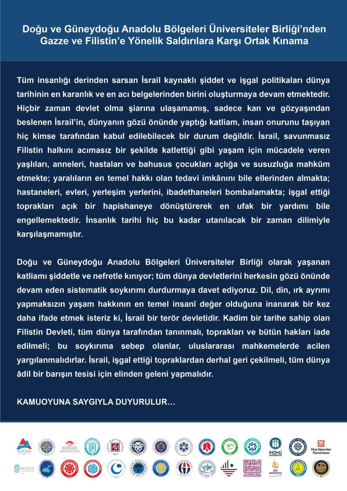 Doğu ve Güneydoğu Anadolu Üniversitelerinden İsrail’e Tepki