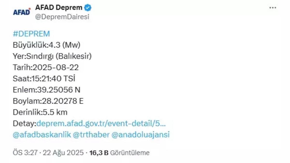 Balıkesir Sındırgı 4.3 büyüklüğünde depremle sallandı Balıkesir Sındırgı 4.3 büyüklüğünde depremle sallandı